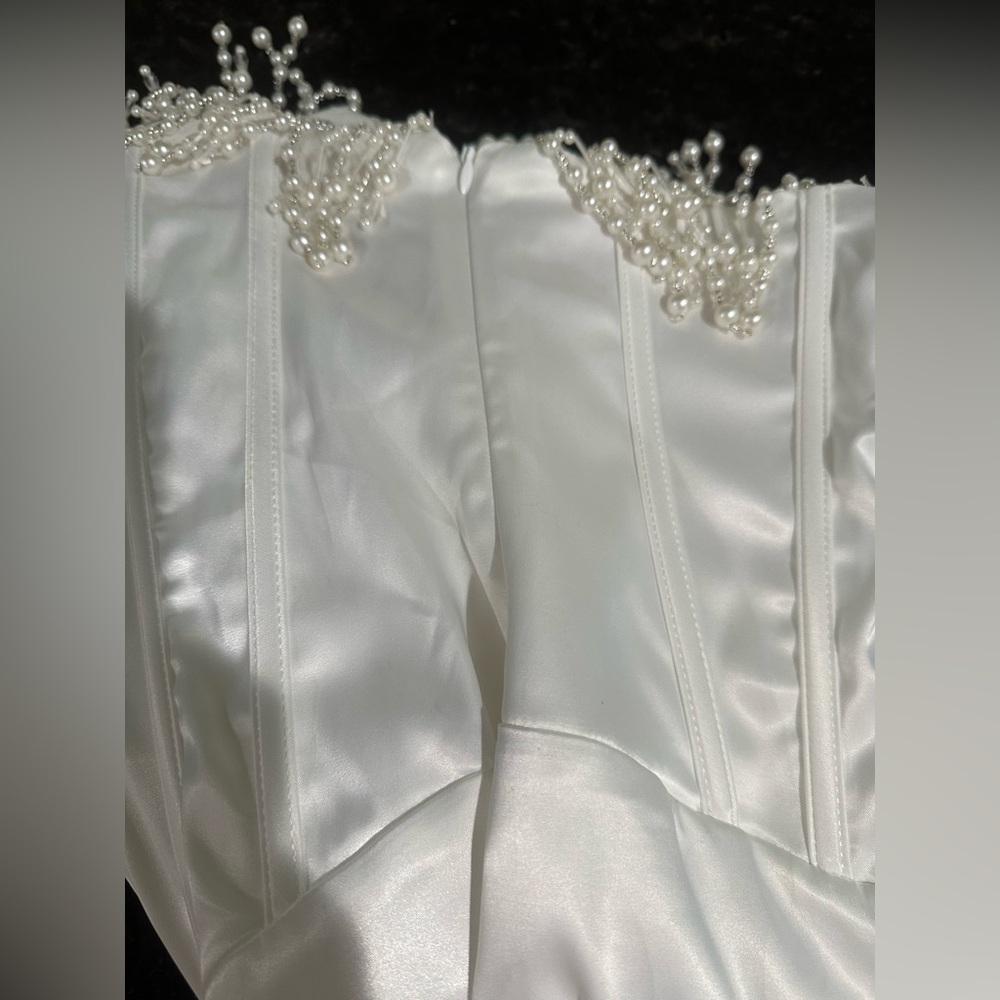 Pearl embellished strapless corset white midi dress side zip back tie sz s - Picture 8 of 10